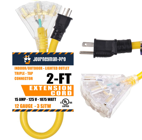 Lighted Outdoor Extension Cord 3 Electrical Power Outlets Fan Style | 12/3 SJTW Heavy Duty Yellow Extension Cable 3 Prong Grounded Plug 15 AMP | 2, 10, 25, 50 Foot Yellow