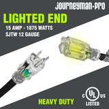 Lighted Outdoor Extension Cord Single Electrical Power Outlet | 12/3 SJTW Heavy Duty Black Extension Cable 3 Prong Grounded Plug 15 AMP | 25, 50FT