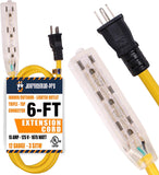 Lighted Outdoor Extension Cord - Heavy Duty Yellow Power Cable Splitter by Journeyman-Pro 5-15P to Three Electrical Outlets (Inline Triple-Tap) 5-15R 15 AMP 125 Volts Short 6' 10' FT (Yellow - 10 FT) HJP-NB17