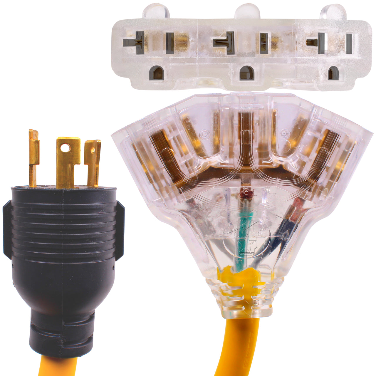 30 Amp to 110 Adapter L5-30P to LIT 3-Way Outlet Splitter 125 Volt, 30A to 15A-20A, 10AWG 3-Prong Locking Triple Tap 5-20R for RV Generators (2FT) (HJP-NB3-L530P-A/N520R-E3)