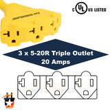 L5-30P to Triple 5-20R Generator Power Cord Adapter, 30A to 20A 110V 3-Way Splitter (HJP-L530P-T520R)
