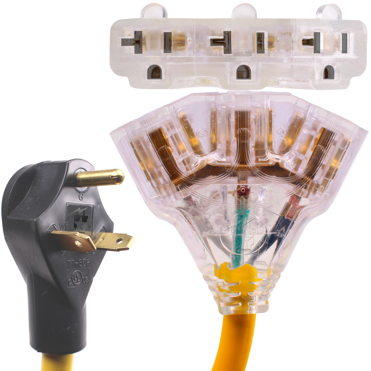 30 Amp to 110 Adapter TT-30P to LIT 3-Way Outlet Splitter - 125 Volt, 30A to 15A-20A, 10AWG 3-Prong Locking Triple Tap 5-20R for RV Generators (2FT) (JP-NB12-NTT30P-A/N520R-E3)