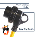 30A 50FT RV Power Extension Cord TT30 Locking Female (Safety Yellow), Black Grip Handle w/Power Indicator - 125V - 30 AMP, TT-30P to TT-30R (Twist Lock)
