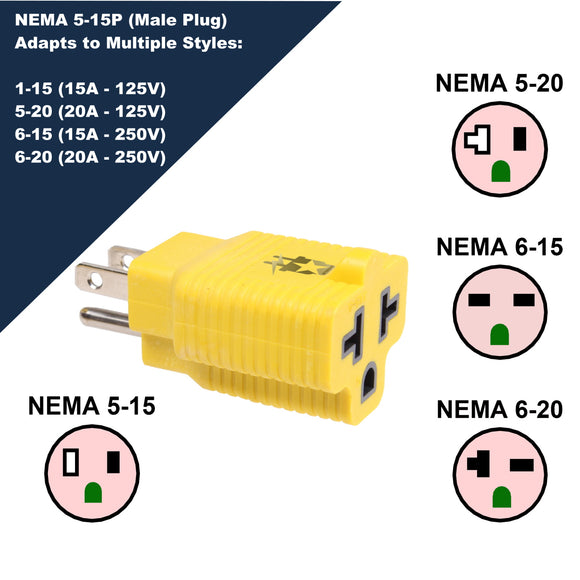 NEMA 5-15P Male Adapter to 5-20R,6-15R,6-20R