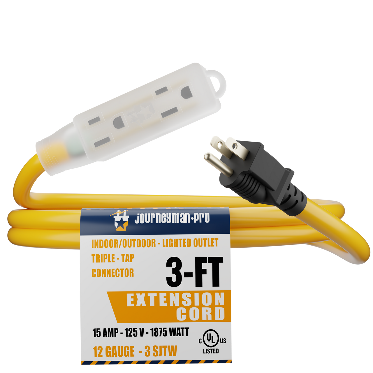 Lighted Outdoor Extension Cord - Heavy Duty Yellow Power Cable Splitter 3-Prong NEMA 5-15P to Three Electrical Outlets 5-15R - 15A 125V (3FT)