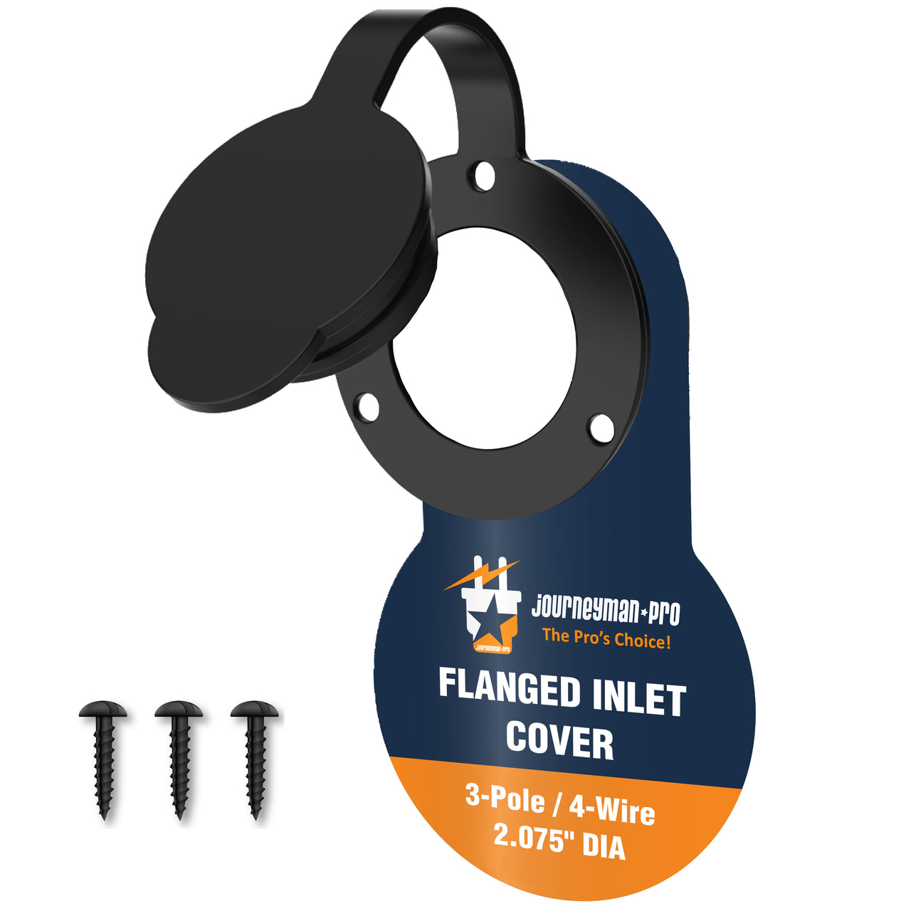 Flanged inlet cover with screws on a white background, featuring the Journeyman-Pro brand.