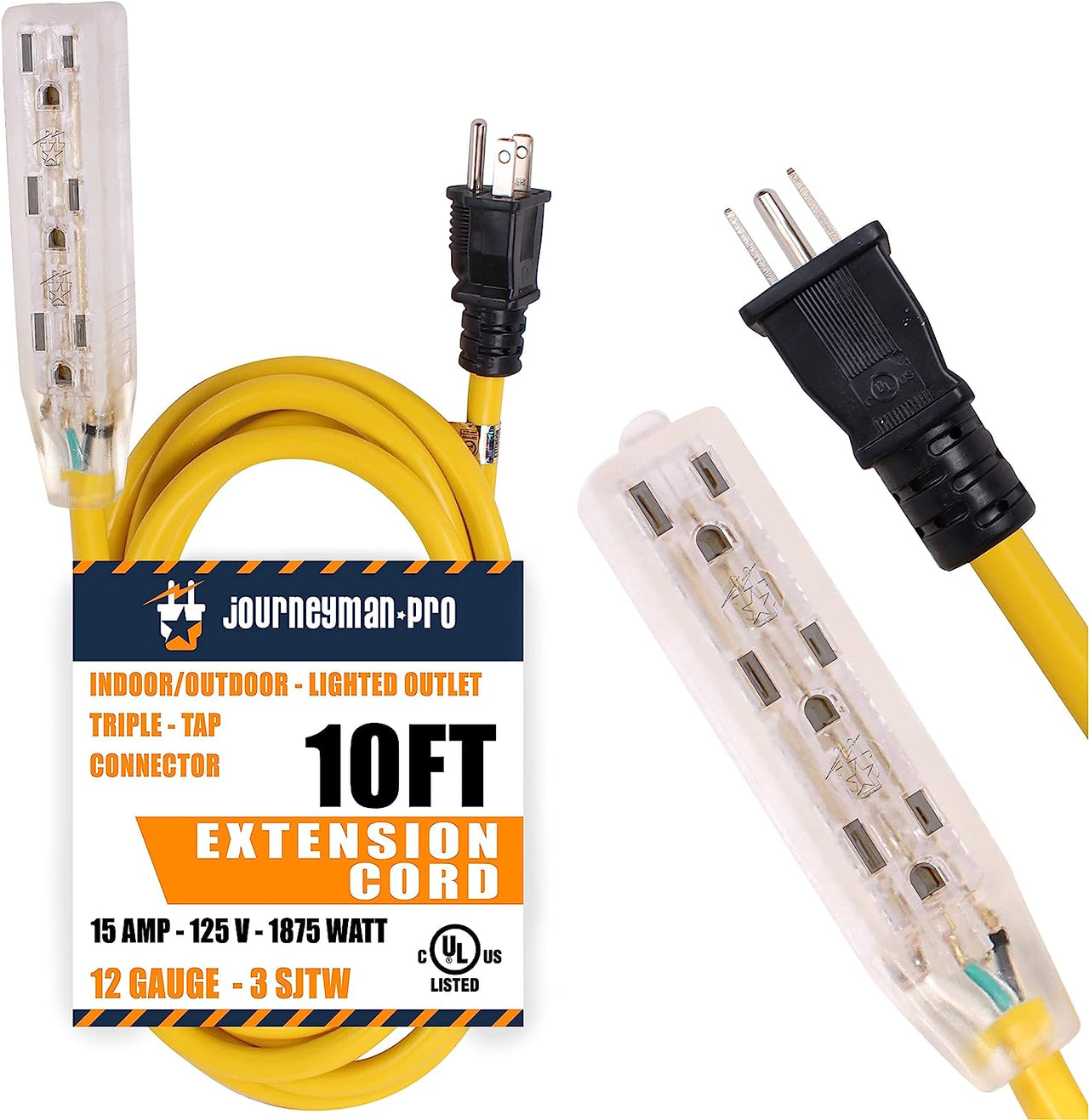 Lighted Outdoor Extension Cord - Heavy Duty Yellow Power Cable Splitter by Journeyman-Pro 5-15P to Three Electrical Outlets (Inline Triple-Tap) 5-15R 15 AMP 125 Volts Short 6' 10' FT (Yellow - 10 FT) HJP-NB17