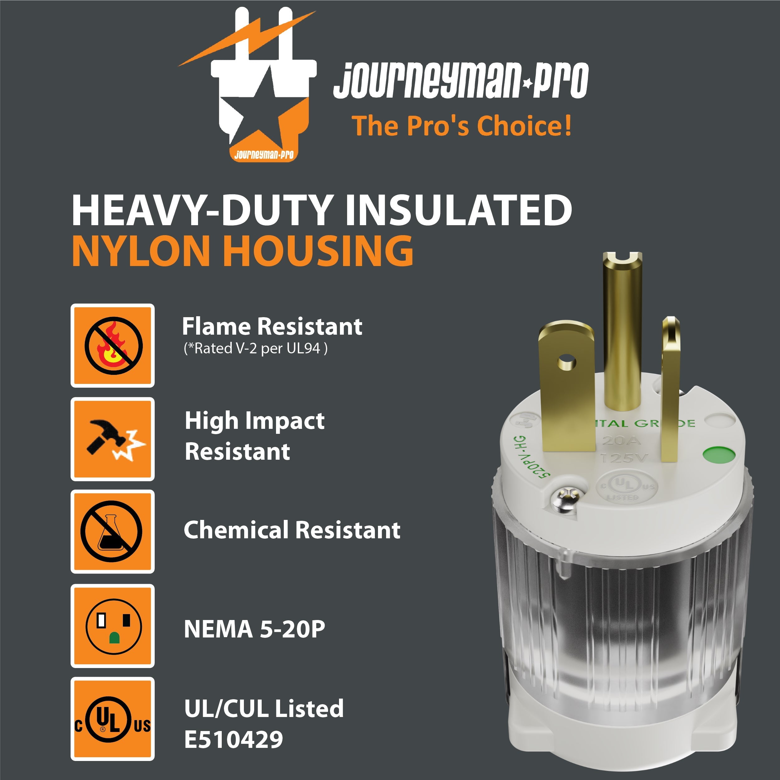 20 Amp Hospital Grade Male Plug 110V, NEMA 5-20P, 120-125 Volt, Green