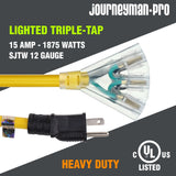 Lighted Outdoor Extension Cord 3 Electrical Power Outlets Fan Style | 12/3 SJTW Heavy Duty Yellow Extension Cable 3 Prong Grounded Plug 15 AMP | 2, 10, 25, 50 Foot Yellow