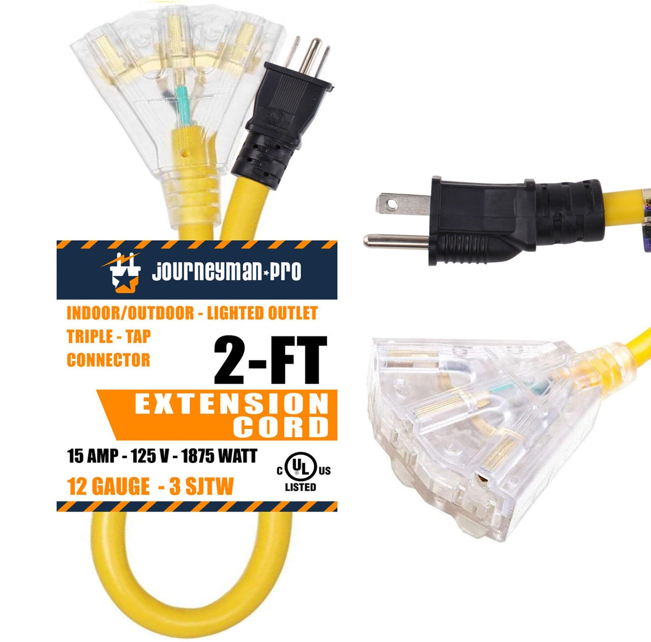 Lighted Outdoor Extension Cord 3 Electrical Power Outlets Fan Style | 12/3 SJTW Heavy Duty Yellow Extension Cable 3 Prong Grounded Plug 15 AMP | 2, 10, 25, 50 Foot Yellow