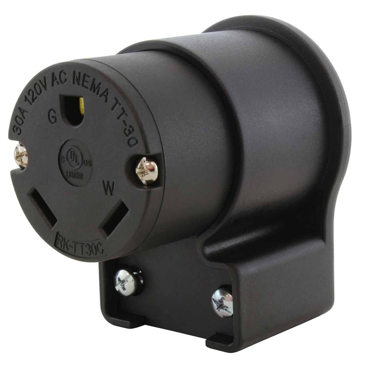 A black right angle 30A 125V 3-prong straight blade RV trailer generator connector, made of industrial grade nylon.