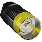 A twist locking male plug with black and yellow coloring, designed for 50 Amp, 125/250 Volt AC, 3 Pole, 4 Wire connection.