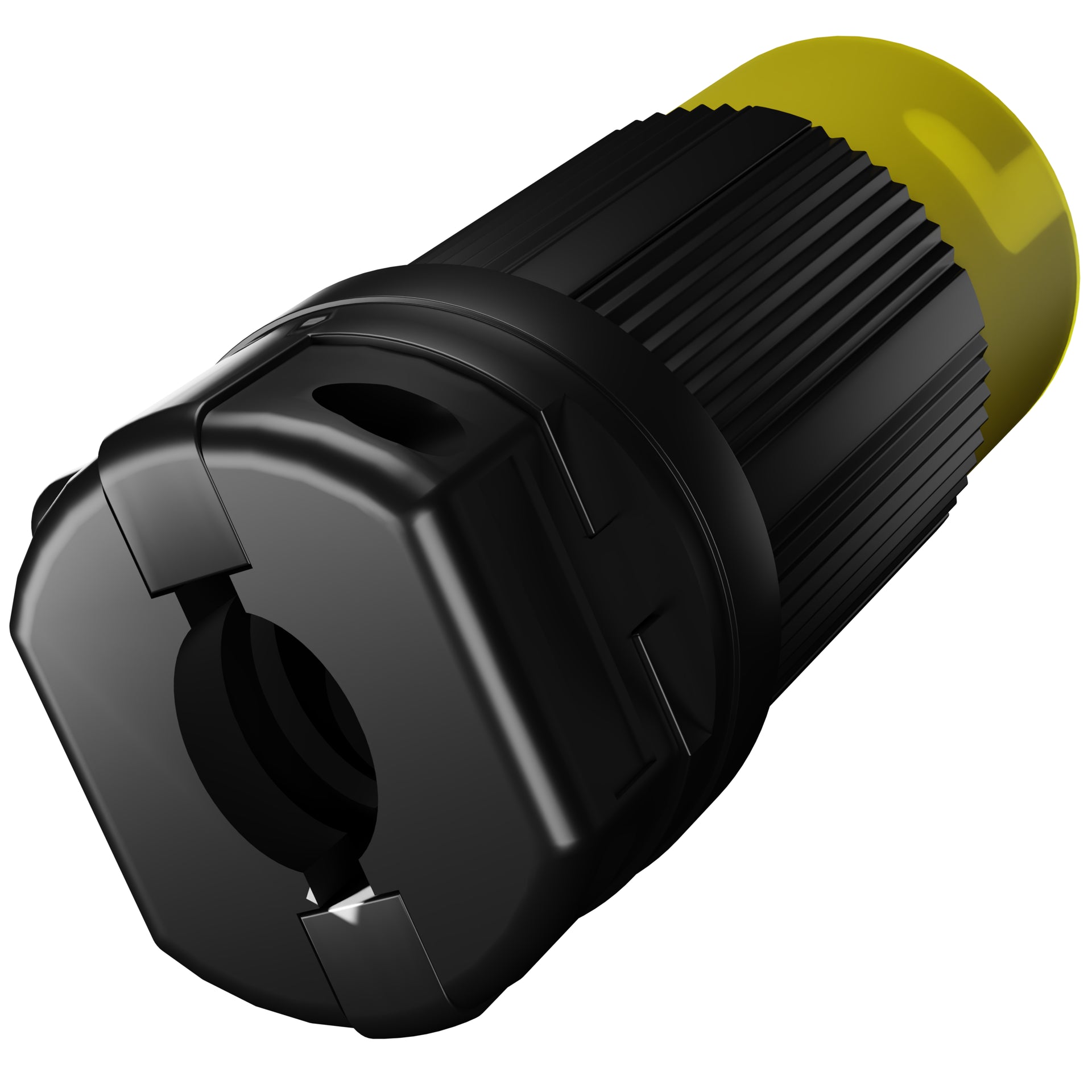 A twist locking male plug with black and yellow coloring, designed for 50 Amp, 125/250 Volt AC, 3 Pole, 4 Wire connection. back side view