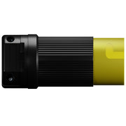 A twist locking male plug with black and yellow coloring, designed for 50 Amp, 125/250 Volt AC, 3 Pole, 4 Wire connection. side view