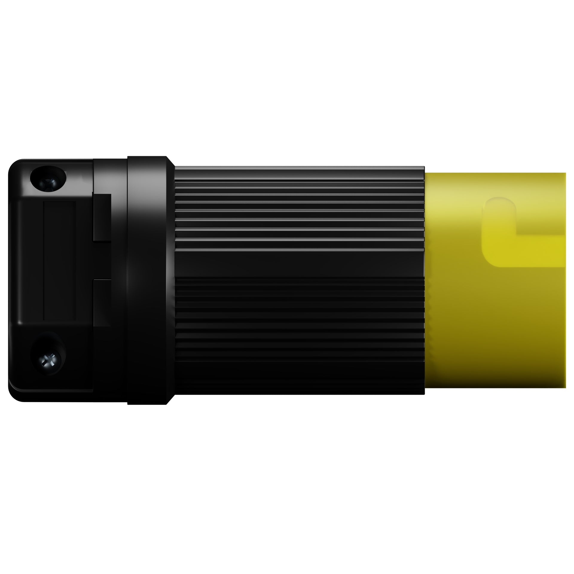 A twist locking male plug with black and yellow coloring, designed for 50 Amp, 125/250 Volt AC, 3 Pole, 4 Wire connection. side view