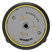 A twist locking male plug with black and yellow coloring, designed for 50 Amp, 125/250 Volt AC, 3 Pole, 4 Wire connection.