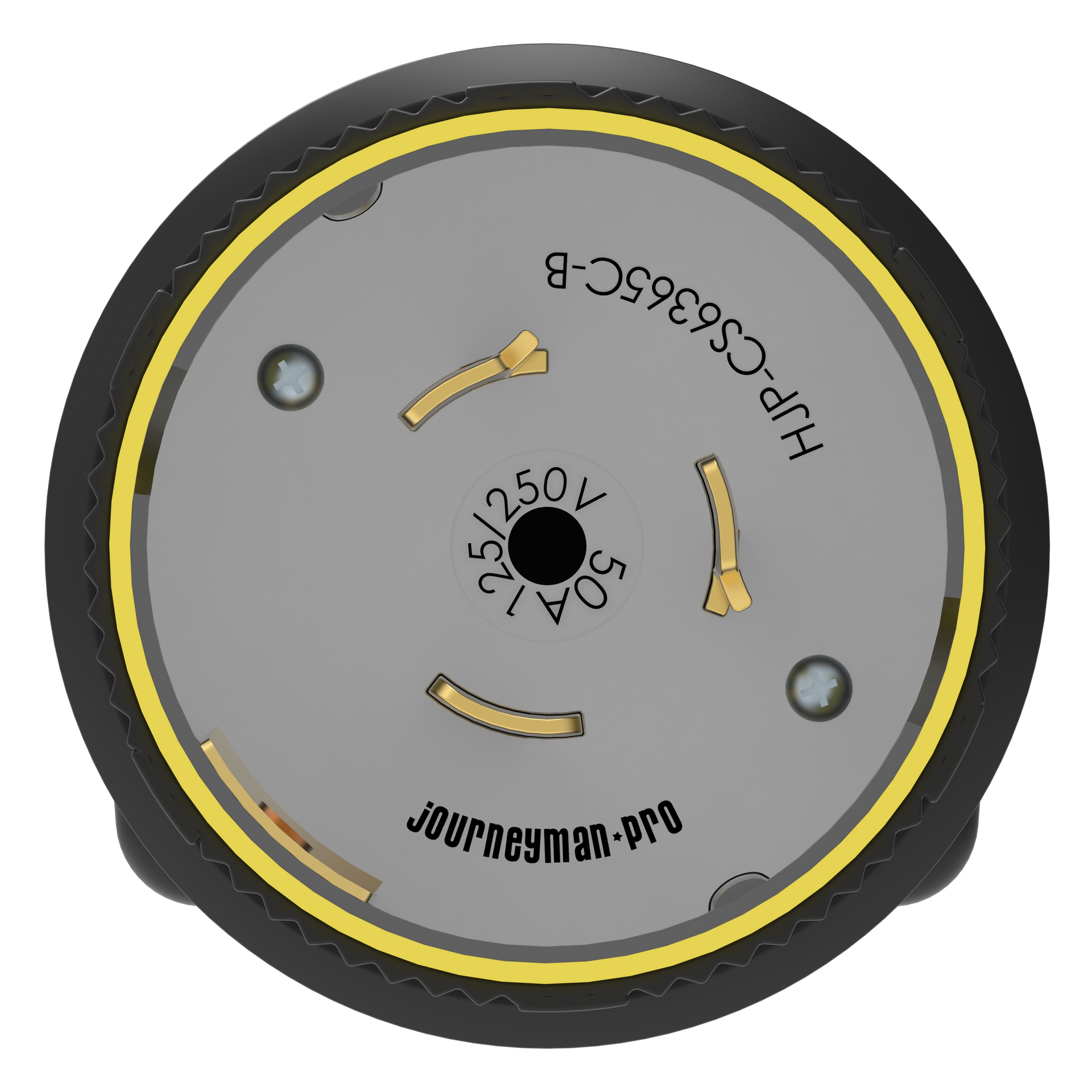 A twist locking male plug with black and yellow coloring, designed for 50 Amp, 125/250 Volt AC, 3 Pole, 4 Wire connection.