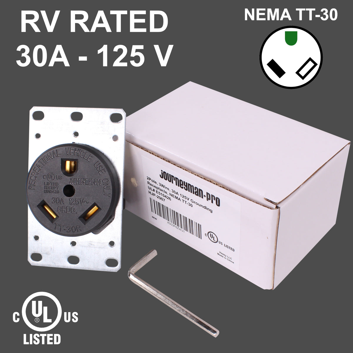 30 AMP 110V RV Electrical Outlet with Allen Head Lug Terminals, Lifeti