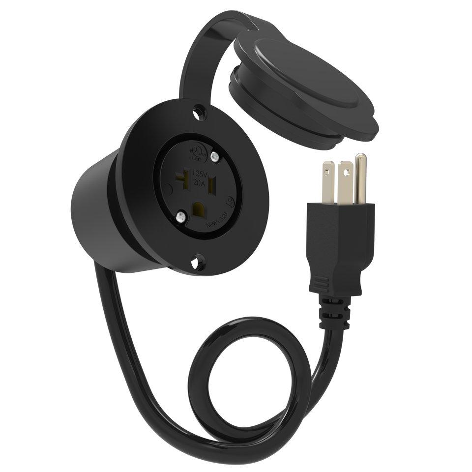 20 AMP - 125 VOLT - FLANGED POWER OUTLET PORT PLUG (NEMA 5-20R) Black