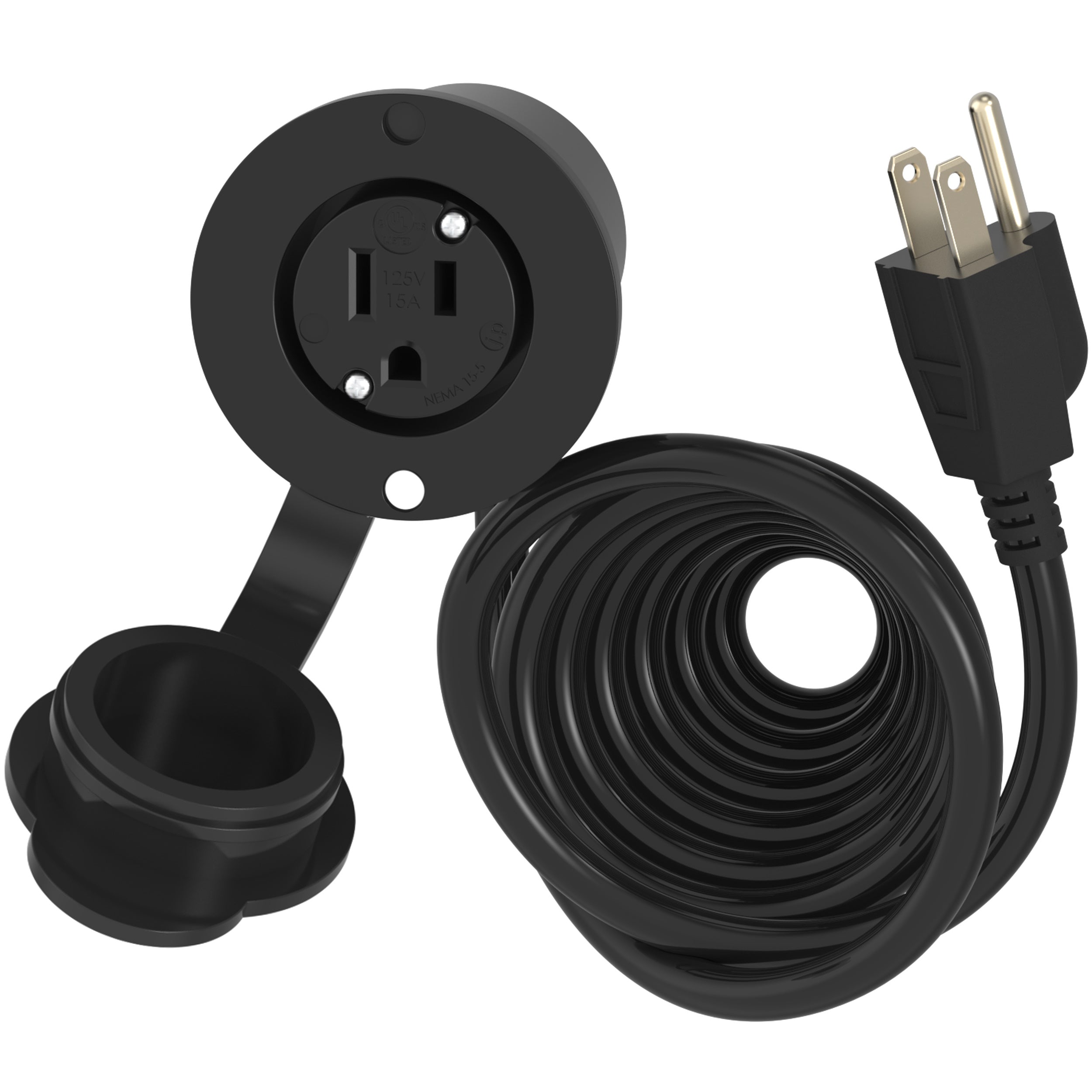 15 AMP - 125 VOLT - FLANGED POWER OUTLET PORT PLUG (NEMA 5-15R) Black