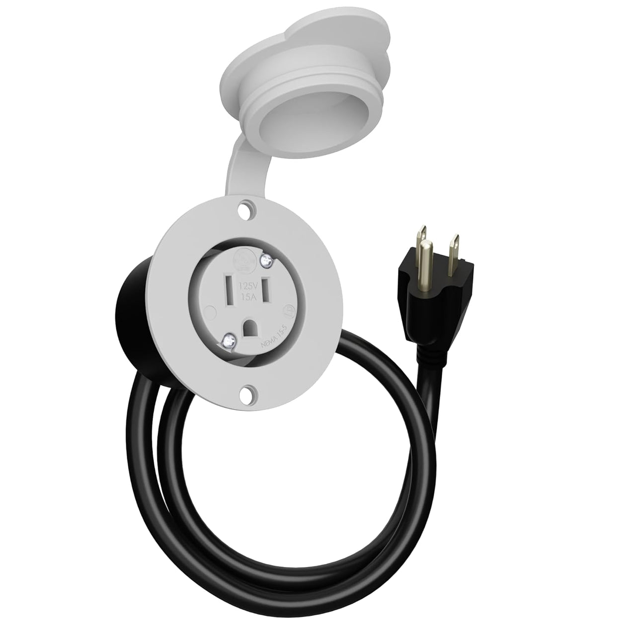 15 AMP - 125 VOLT - FLANGED POWER OUTLET PORT PLUG (NEMA 5-15R) White w/ 10' FT Extension Cord + Waterproof Cover (HJP-5279-GCR1-W10)