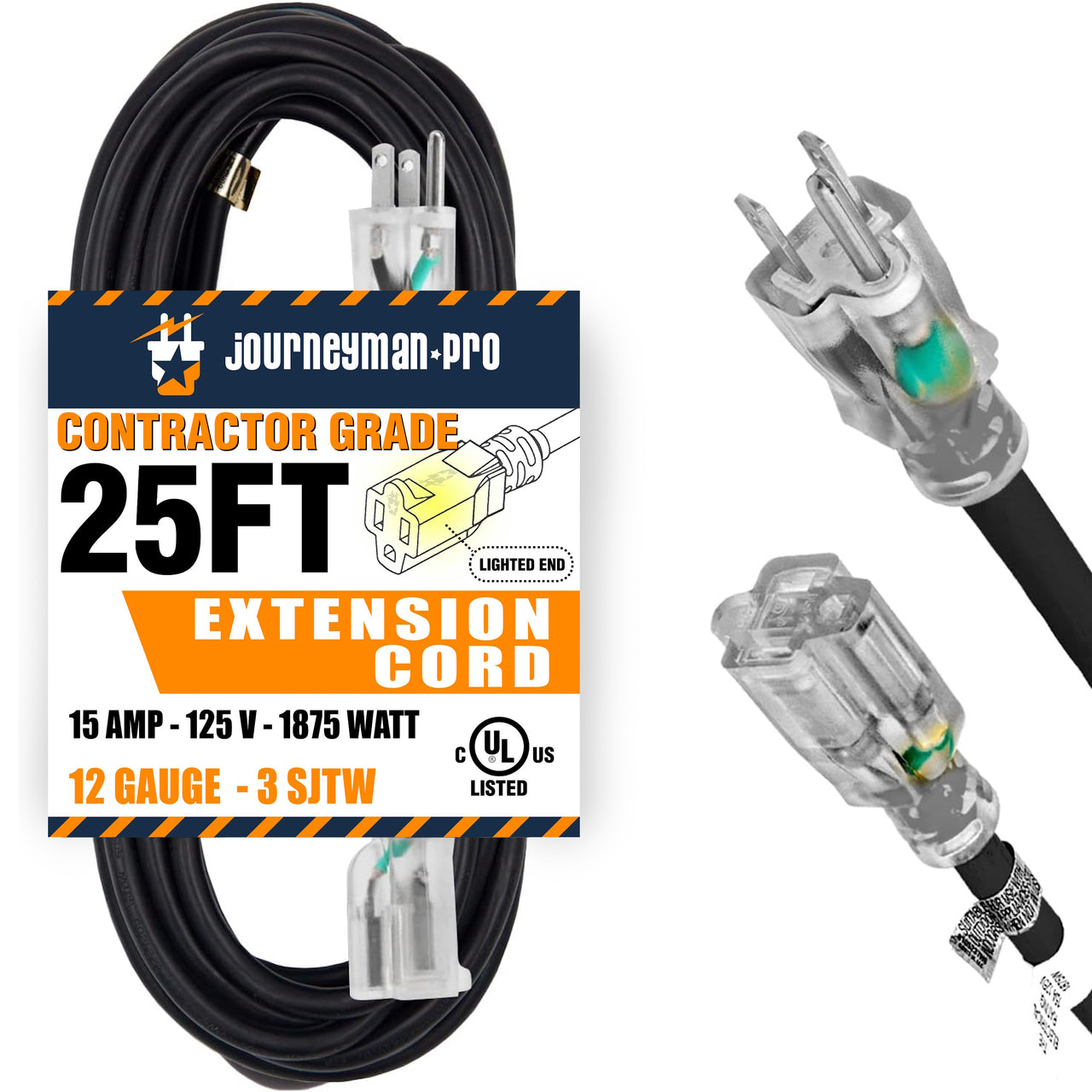 Lighted Outdoor Extension Cord Single Electrical Power Outlet | 12/3 SJTW Heavy Duty Black Extension Cable 3 Prong Grounded Plug 15 AMP | 25, 50FT