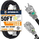 Lighted Outdoor Extension Cord Single Electrical Power Outlet | 12/3 SJTW Heavy Duty Black Extension Cable 3 Prong Grounded Plug 15 AMP | 25, 50FT