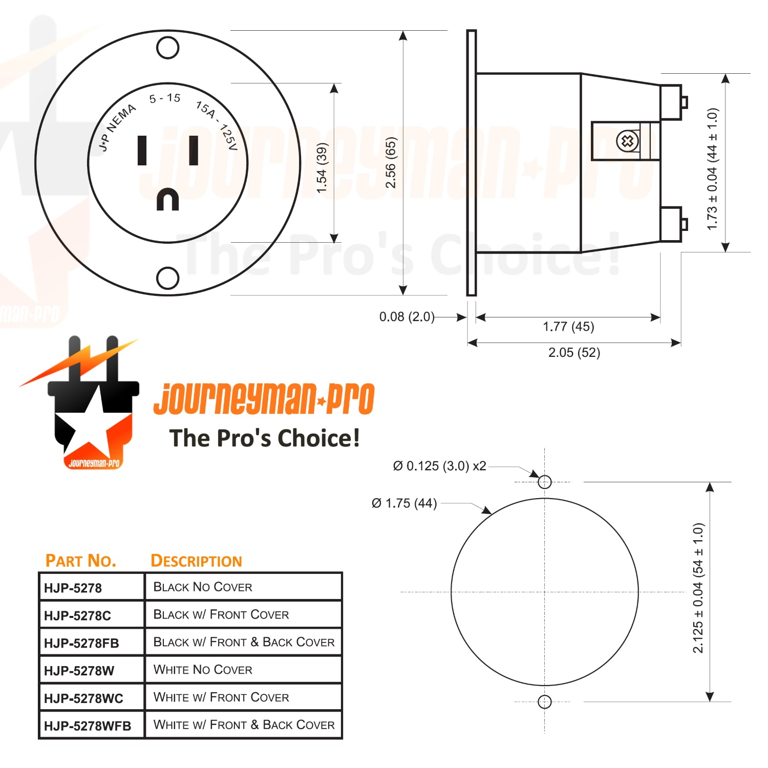 15 AMP - 125 VOLT FLANGED POWER INLET PLUG (NEMA 5-15P) 5-15FI Black/W