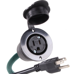 15 AMP - 125 VOLT - FLANGED POWER OUTLET PORT PLUG (NEMA 5-15R) Black/White w/ 20" Extension Cord + Waterproof Cover (HJP-5279-GCR1)