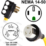 50A 50FT RV Power Extension Cord 14-50P to SS2-50R (Safety Yellow), Twist Locking, Black Grip Handle w/Power Indicator