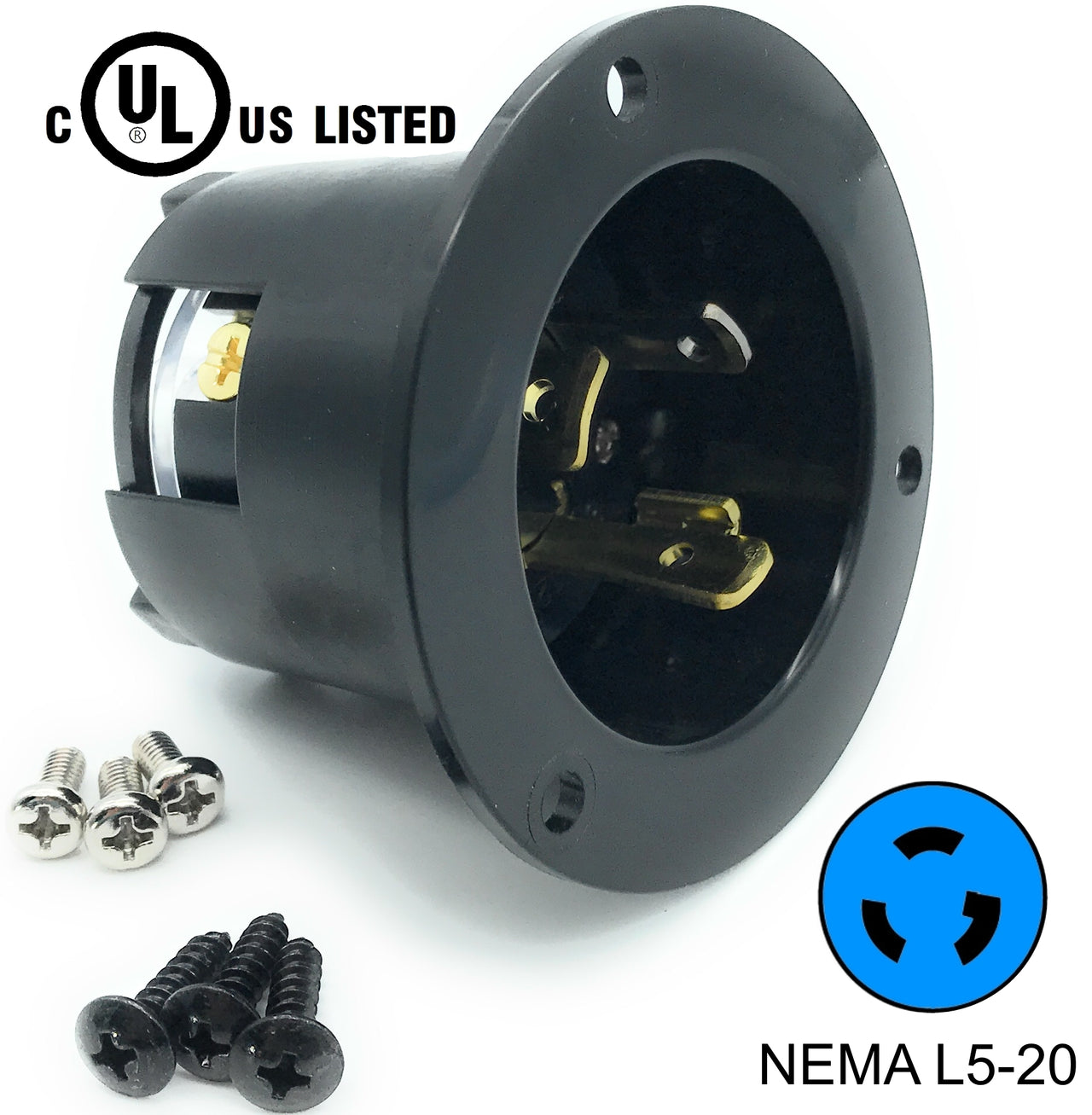 NEMA L5-20 Flanged Inlet Plug, 20A 125V Locking Receptacle Socket, Black HJP-2315