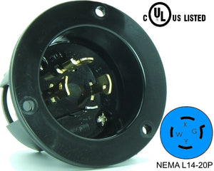 NEMA L14-20 Flanged Inlet Plug, 20A 250V Locking Receptacle Socket, Black HJP-2415