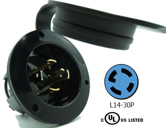NEMA L14-30 Flanged Inlet Plug, 30A 250V Locking Receptacle Socket, Black HJP-2715