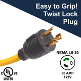 30 Amp to 110 Adapter L5-30P to LIT 3-Way Outlet Splitter 125 Volt, 30A to 15A-20A, 10AWG 3-Prong Locking Triple Tap 5-20R for RV Generators (2FT) (HJP-NB3-L530P-A/N520R-E3)