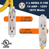 Lighted Outdoor Extension Cord - Heavy Duty Yellow Power Cable Splitter 3-Prong NEMA 5-15P to Three Electrical Outlets 5-15R - 15A 125V (3FT)