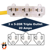30 Amp to 110 Adapter TT-30P to LIT 3-Way Outlet Splitter - 125 Volt, 30A to 15A-20A, 10AWG 3-Prong Locking Triple Tap 5-20R for RV Generators (2FT) (JP-NB12-NTT30P-A/N520R-E3)