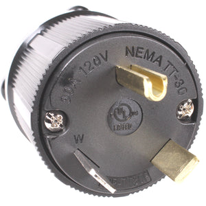 NEMA TT-30P, 30 Amp, 125 Volt, 3-Prong Straight Blade Male RV Trailer Generator Plug Connector, Black Industrial Grade