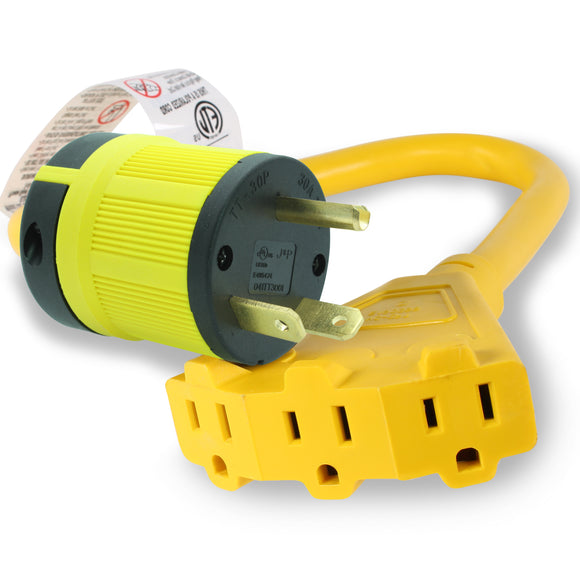 NEMA TT-30P to Triple 5-15R Generator Power Cord Adapter | 30A to 15A/110V 3-Way Splitter | 3-Prong Distribution Cords