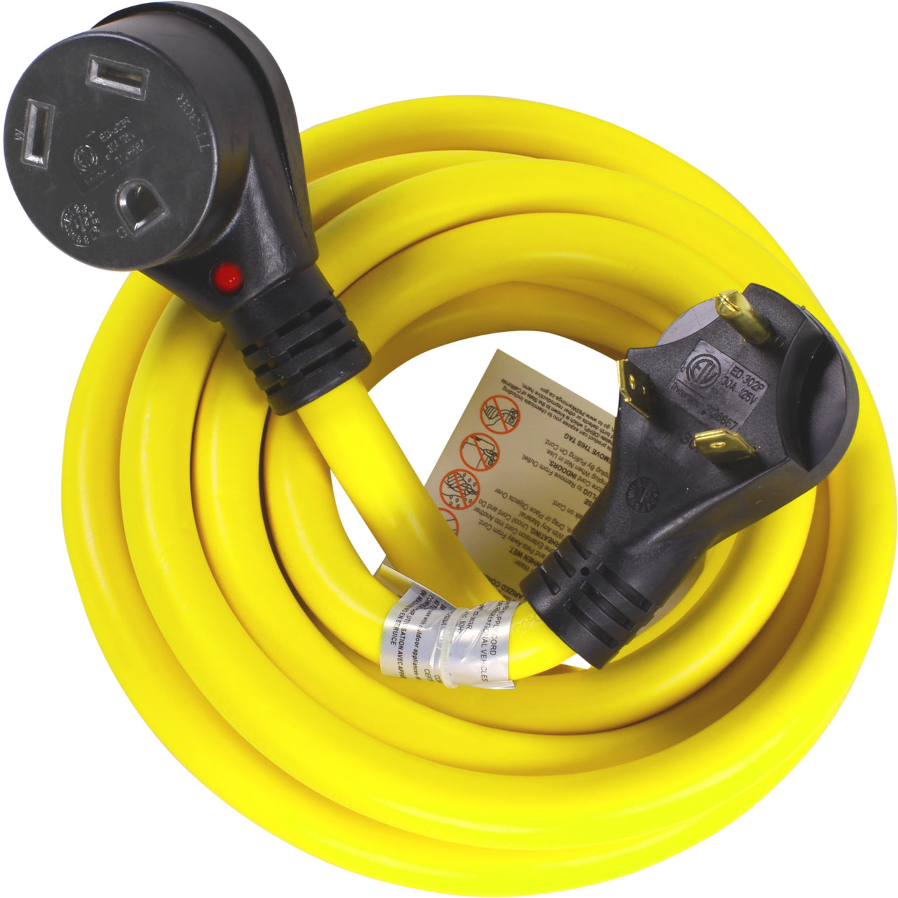 30A 50FT RV Power Extension Cord TT30 (Safety Yellow), Black Grip Handle w/Power Indicator 125VP Charging, TT-30P/TT-30R - 30 AM