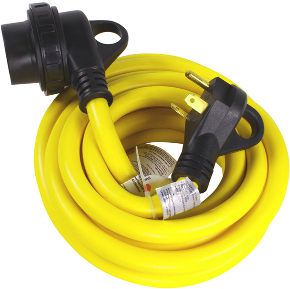 30A 50FT RV Power Extension Cord TT30 Locking Female (Safety Yellow), Black Grip Handle w/Power Indicator - 125V - 30 AMP, TT-30P to TT-30R (Twist Lock)