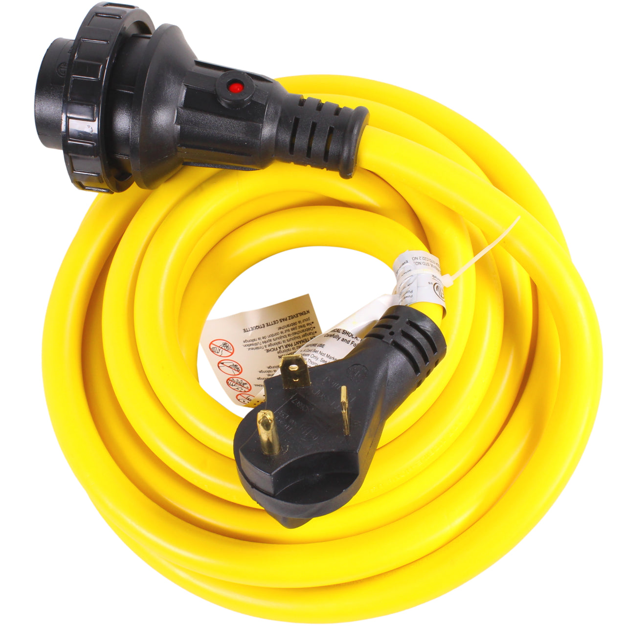 30A 50FT RV Power Extension Cord L530 Locking Female (Safety Yellow), Black Grip Handle w/Power Indicator, 30 AMP, TT-30P to L5-30R (Twist Lock)