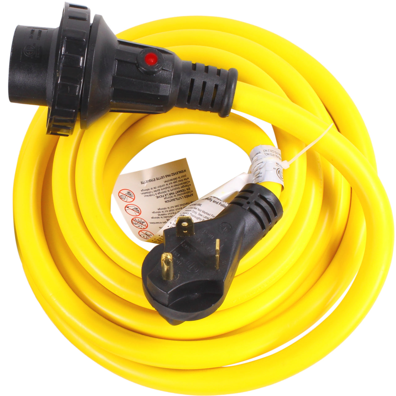 30A 50FT RV Power Extension Cord L530 Locking Female (Safety Yellow), Black Grip Handle w/Power Indicator, 30 AMP, TT-30P to L5-30R (Twist Lock)